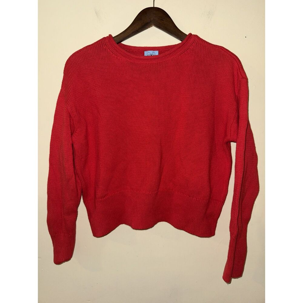 CeCe Red Chunky Knit Crewneck Sweater Size Small 100% Cotton Cropped Boxy
